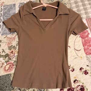 SHEIN Brown Collared V-Neck Top
